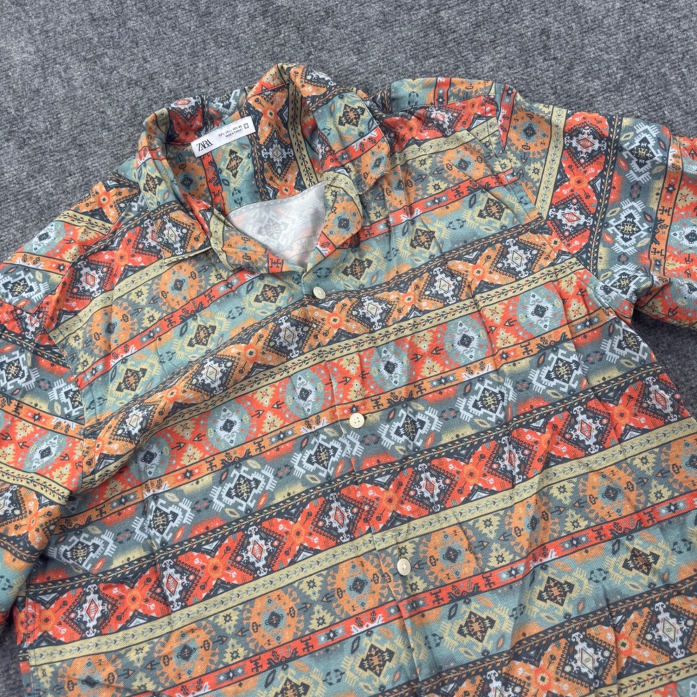 Zara‎ Button Down Shirt Large Orange Aztec Geometric Short Sleeve Women